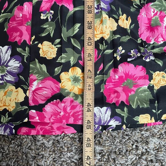 Vintage Midi Dress 6 Black Pink Floral Pleated Drop Waist Romantic Cottage 90s - Picture 15 of 16